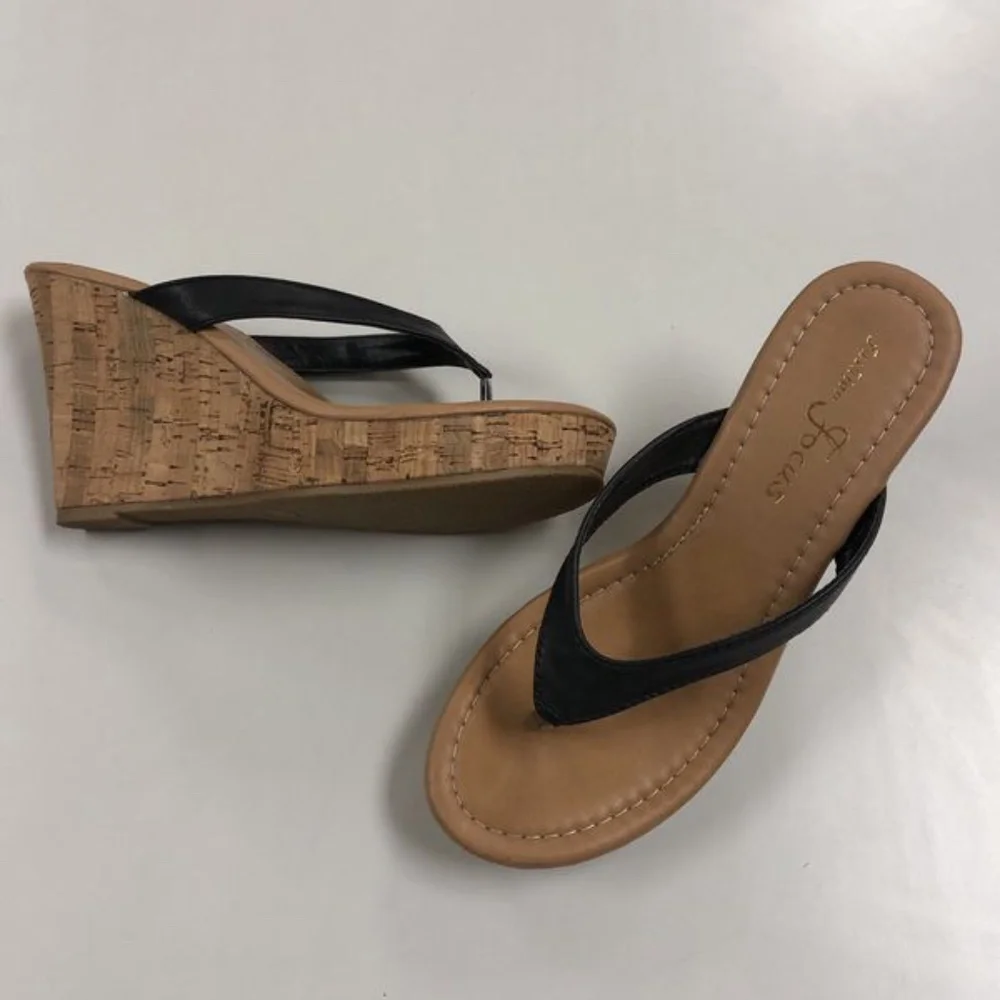Black Cork Wedge Thong Sandals - Women